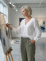 Women's Solid Color Cotton and Linen V-Neck Tops