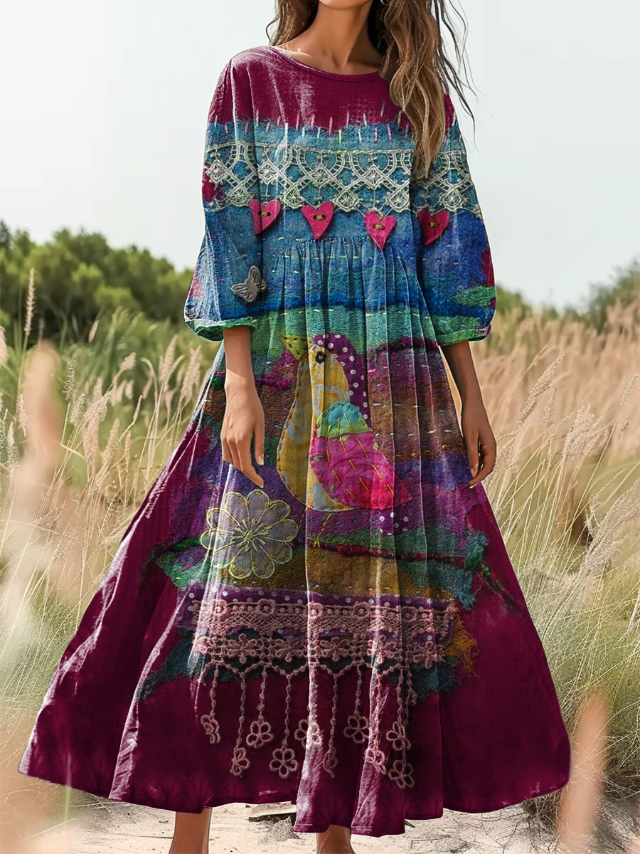 Women's Vintage Patchwork Art Print Round Neck Pocket Dresses