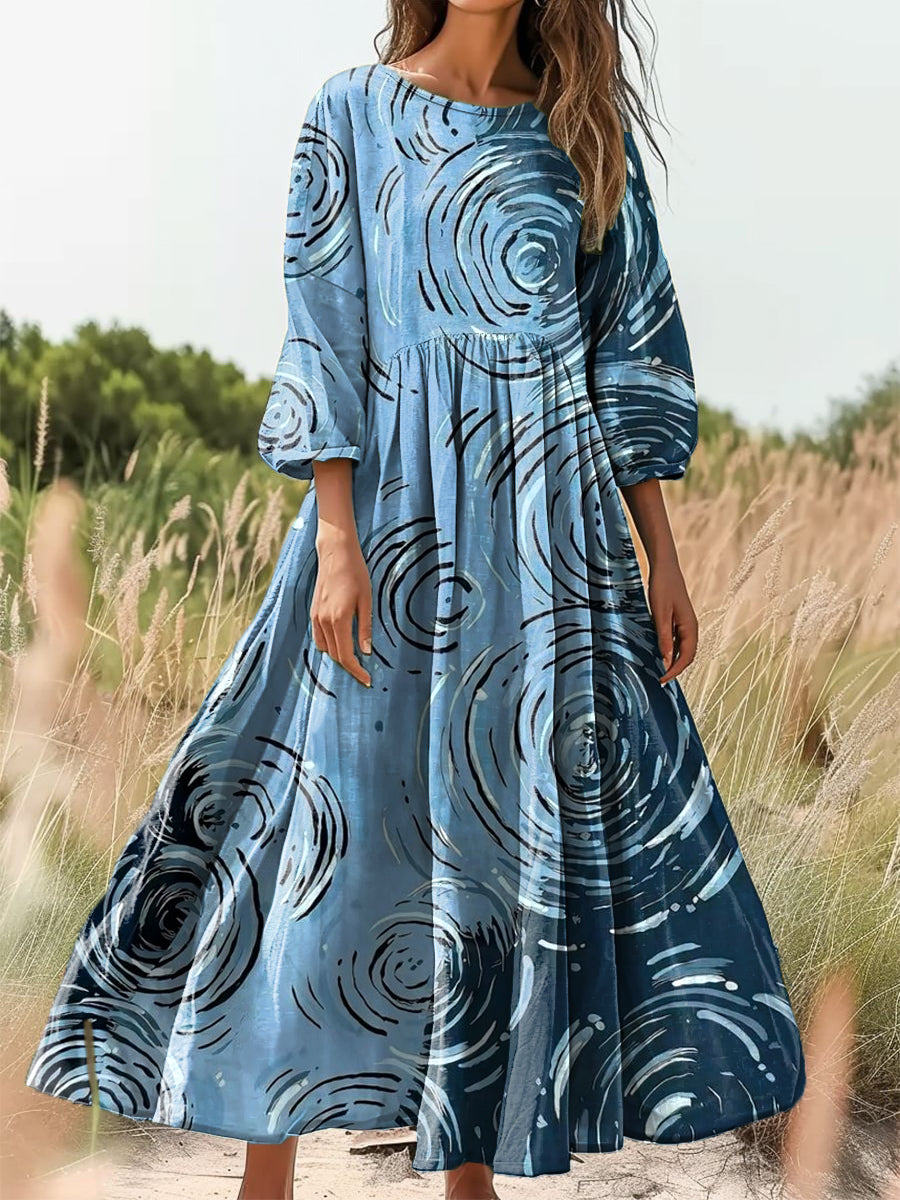 Women's Vintage Abstract Water Wave Art Print Casual Round Neck Dresses