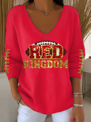 Women's Red Kingdom Football Casual V-neck Top