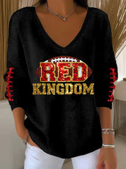 Women's Red Kingdom Football Casual V-neck Top