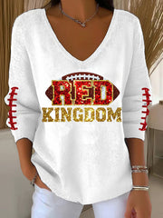 Women's Red Kingdom Football Casual V-neck Top