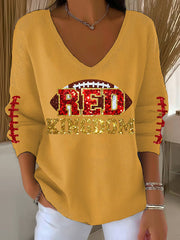 Women's Red Kingdom Football Casual V-neck Top