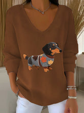 Women's Autumn Dog Art Print V-Neck Ribbed Top
