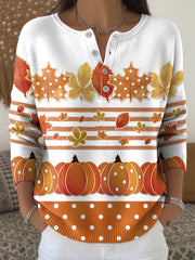Women's Thanksgiving Pumpkin Maple Leaf Polka Dot V-Neck Sweater