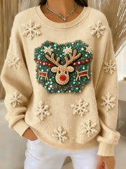 Women's Christmas Reindeer Snowflake Casual Pullover Sweater