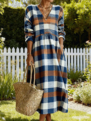 Women's Vintage Plaid Pattern Cozy V-Neck Dress