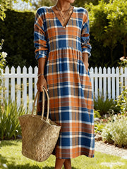 Women's Vintage Plaid Pattern Cozy V-Neck Dress