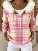 Women's Pink Plaid Pattern Cozy Furry Cardigan