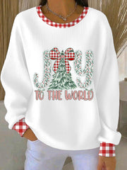Women's Coquette Jesus Christmas Joy To The World Ribbed Round-Neck Sweatshirt