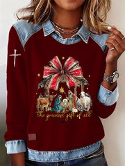 Vintage Christmas Faith Jesus Bow Printed Casual Loose Long Sleeve Lapel Sweatshirt
