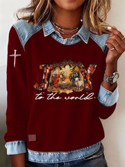 Vintage Christmas Faith Jesus Bow Printed Casual Loose Long Sleeve Lapel Sweatshirt