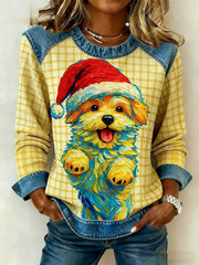 Women's Vintage Christmas Dog Denim Patchwork Sweatshirt