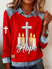 Vintage Christmas Faith Candle Printed Casual Loose Long Sleeve Lapel Sweatshirt
