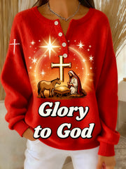 Vintage Christmas Faith Cross Floral Print Long-sleeve Sweater