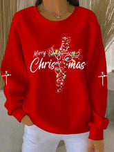 Women's Merry Christmas Cross Ribbed Round-Neck Sweatshirt