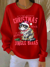 Women's Christmas cat print Ribbed Round-Neck Sweatshirt
