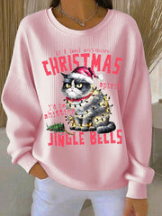 Women's Christmas cat print Ribbed Round-Neck Sweatshirt