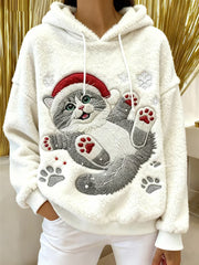 Women's Cute Christmas Cat Art Print Casual Flannel Hoodie