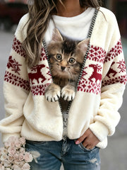 Women's Retro Christmas Animal Art Print Comfortable Flannel Sweatshirt