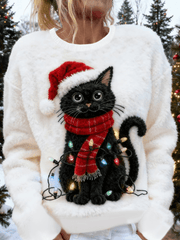 Women's Cute Christmas Cat Art Print Casual Flannel Sweater