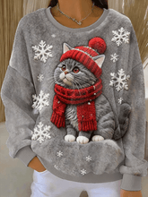Women's Cute Christmas Cat Art Print Casual Flannel Hoodie
