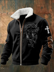 Retro Abstract Jesus Cross Zipper Shearling Jacket