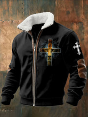 Retro Abstract Lion Cross Zipper Shearling Jacket