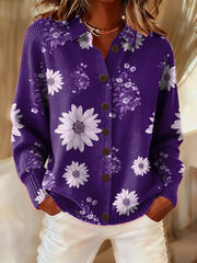 Women's Casual Retro Purple Floral Cardigan