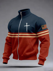 Men's Faith Cross Print Zipper Stand Collar Sweater