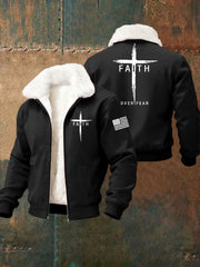 Men's Faith Over Fear Cross Fur Collar Zip-Up Jacket