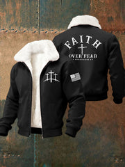 Men's Faith Over Fear Cross Fur Collar Zip-Up Jacket