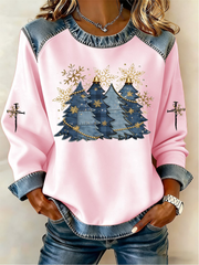 Women's Cross Print Casual Denim Patchwork Top