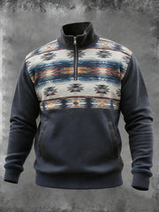 Men's Vintage Western Aztec Pocket Zip Stand Collar Sweatshirt
