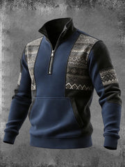 Men's Vintage Western Aztec Pocket Zip Stand Collar Sweatshirt