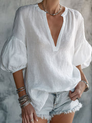 Women's Solid Color Cotton and Linen V-Neck Shirts