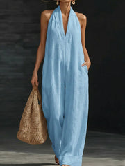 Women's Solid Color Cotton Linen Sleeveless Jumpsuit