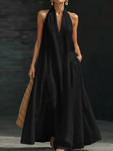 Women's solid color V-neck cotton linen dress
