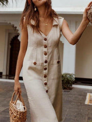 Women's V-neck single-breasted button-down dress