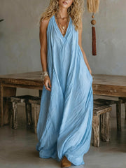 Women's cotton linen sleeveless loose pocket dress