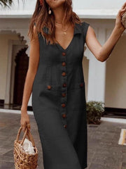 Women's V-neck single-breasted button-down dress