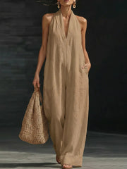 Women's Solid Color Cotton Linen Sleeveless Jumpsuit