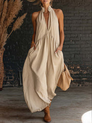 Women's sleeveless stand-up collar solid color long cotton linen boho dress