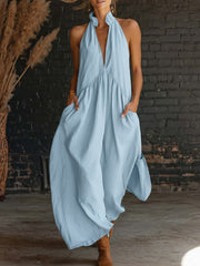 Women's sleeveless stand-up collar solid color long cotton linen boho dress