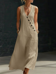Women's V-neck button-down cotton linen sleeveless vest dress