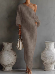 Women's long-sleeved off-shoulder mid-waist pullover dress