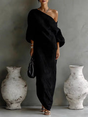 Women's long-sleeved off-shoulder mid-waist pullover dress