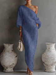 Women's long-sleeved off-shoulder mid-waist pullover dress