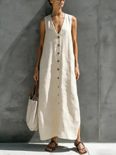 Women's cotton linen V-neck button sleeveless loose long dress
