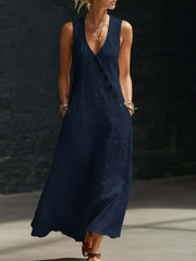 Women's V-neck button-down cotton linen sleeveless vest dress